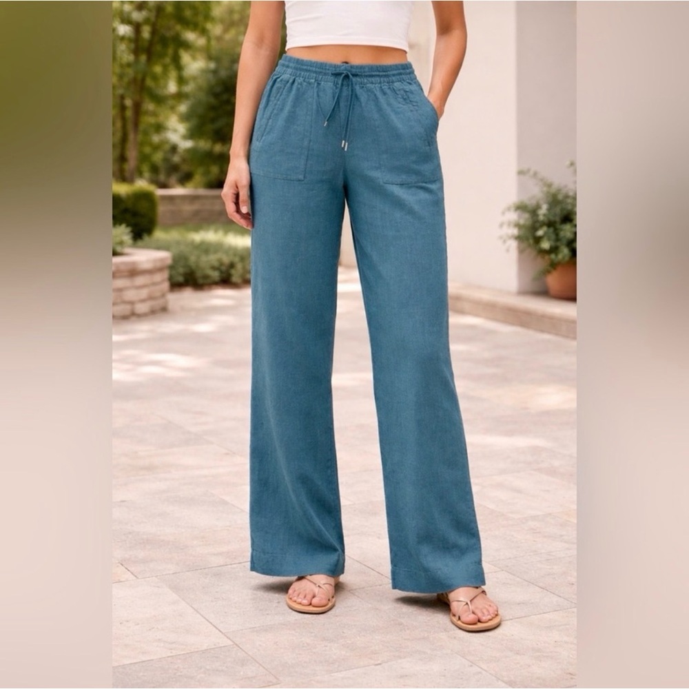 Athleta Retreat Linen Wide Leg Pants Borealis Blue Linen Drawstring size 8